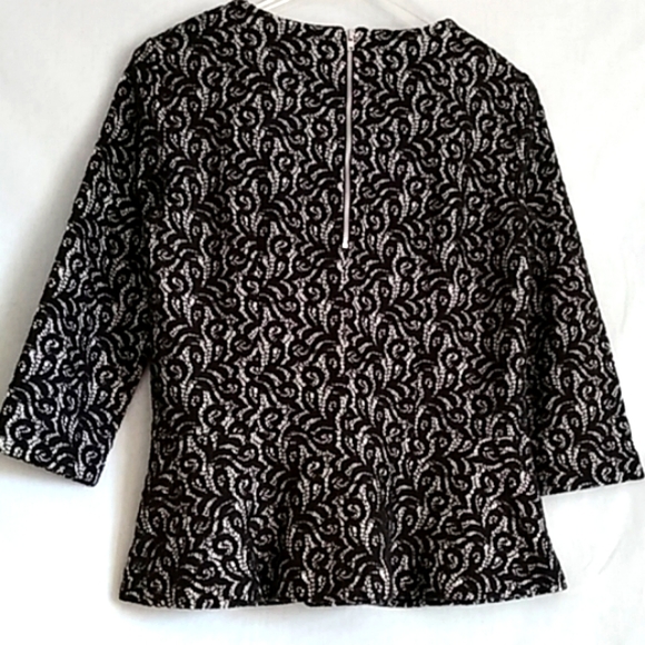 J.Crew Black Paisley Lace Peplum Top Back Showy Zipper 3/4 Sleeves - Picture 2 of 6